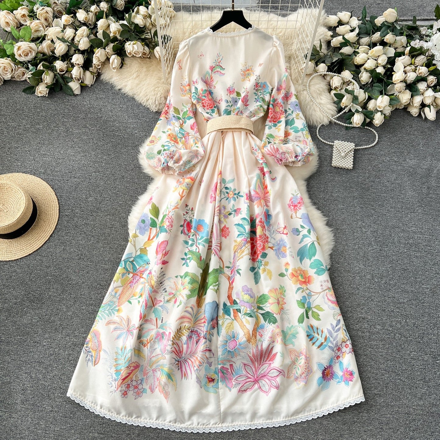 French court style dress for women with sweet lace V-neck buttoned slim fit long design printed dress