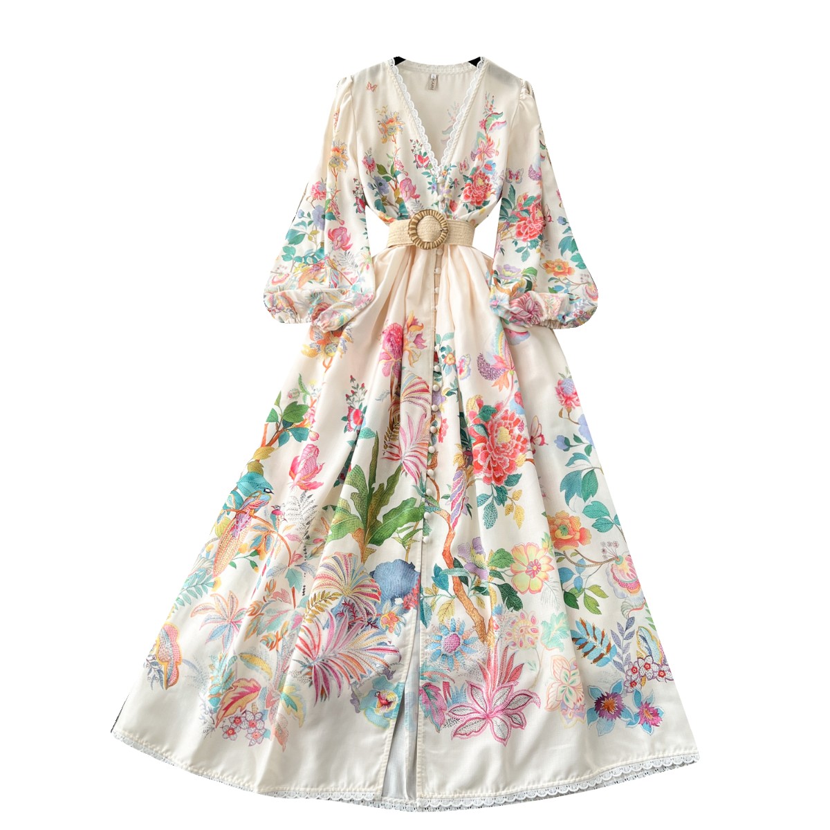 French court style dress for women with sweet lace V-neck buttoned slim fit long design printed dress