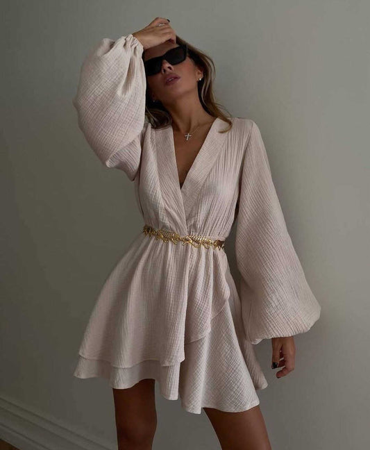Lantern Sleeves Solid Dark V Dress