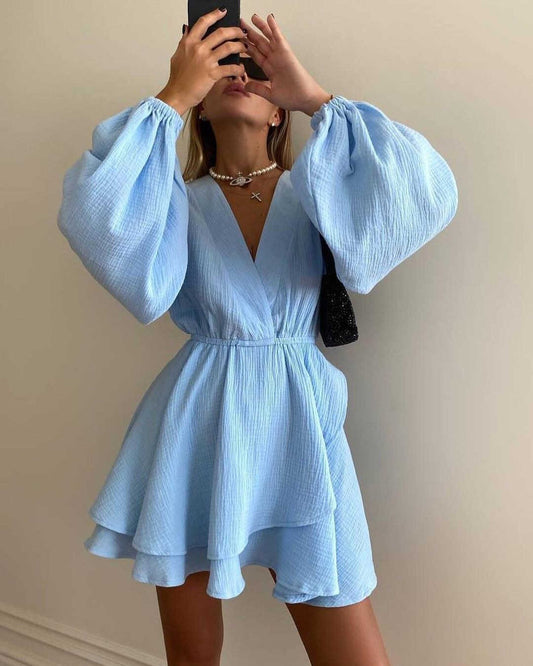 Lantern Sleeves Solid Dark V Dress