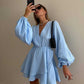 Lantern Sleeves Solid Dark V Dress