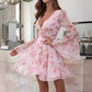 Flower Flare Sleeves Deep V Dress