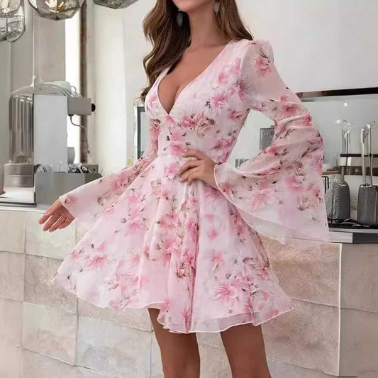 Flower Flare Sleeves Deep V Dress