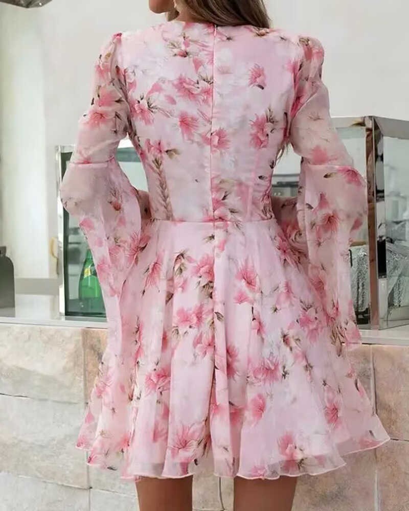 Flower Flare Sleeves Deep V Dress