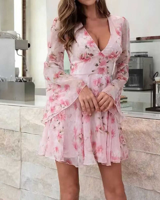 Flower Flare Sleeves Deep V Dress