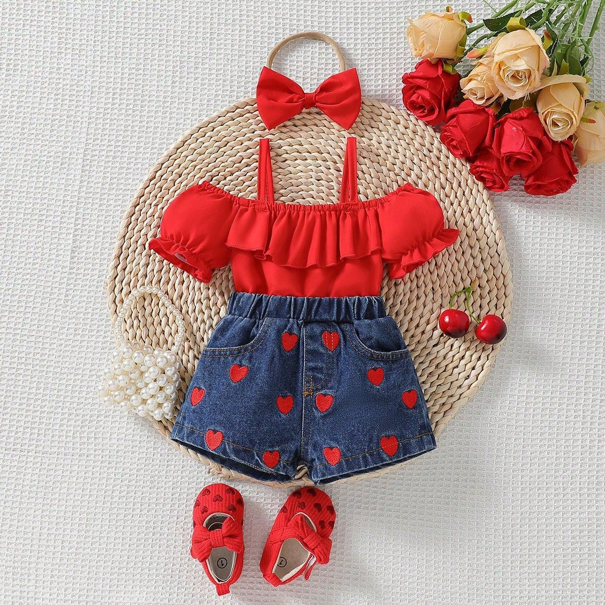 05 Summer Baby Girl One Shoulder Lotus Leaf Strap Top+Love Embroidered Cowboy Short Set with Headscarf