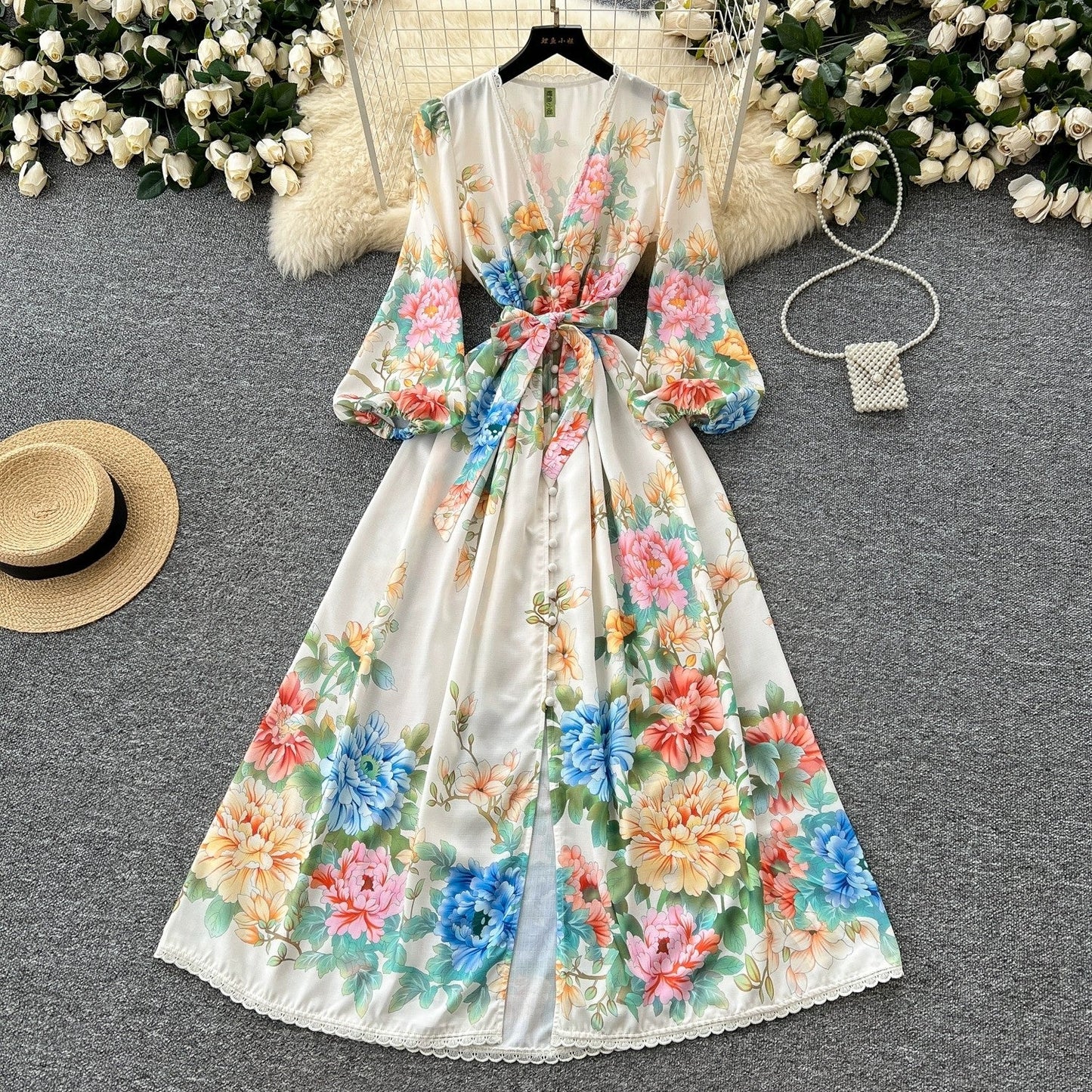 French court style dress for women with sweet lace V-neck buttoned slim fit long design printed dress