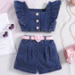 European and American thin style girls square collar lantern sleeve top floral pattern pleated skirt multi-button denim girls suit