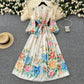 French court style dress for women with sweet lace V-neck buttoned slim fit long design printed dress