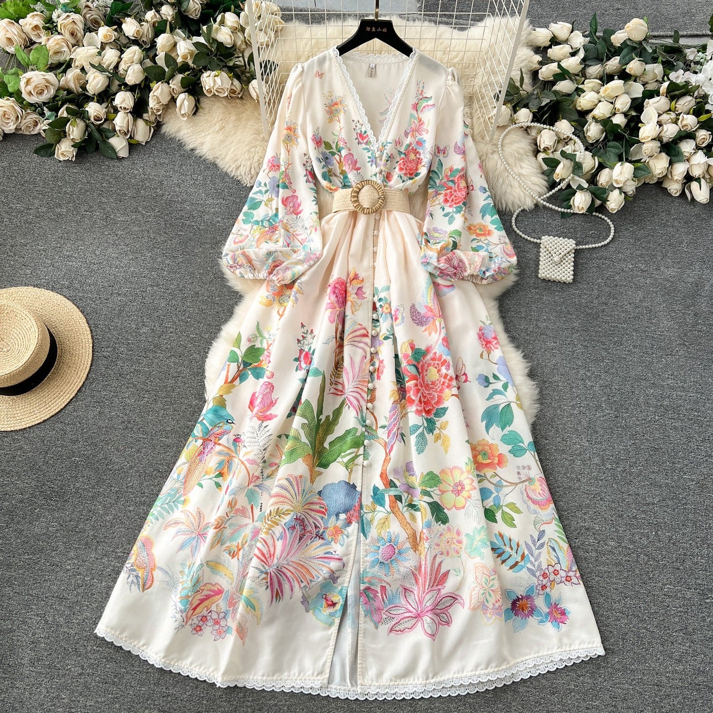 French court style dress for women with sweet lace V-neck buttoned slim fit long design printed dress