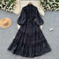 French retro palace style hollow hook lace splicing stand collar single breasted waist fashionable swing dress for women