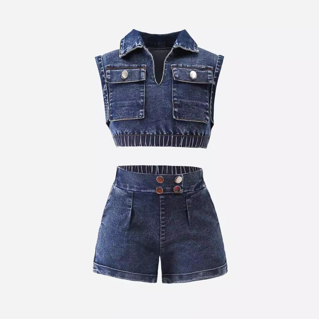 European and American thin style girls square collar lantern sleeve top floral pattern pleated skirt multi-button denim girls suit