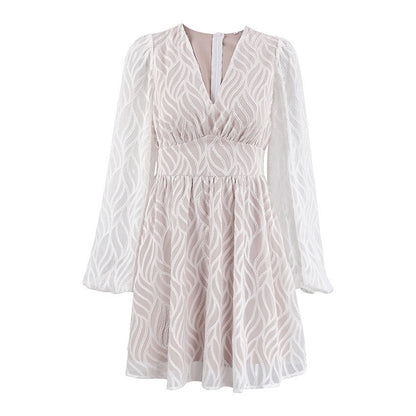 Hollow Jacquard Lantern Sleeve Dress