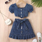 European and American thin style girls square collar lantern sleeve top floral pattern pleated skirt multi-button denim girls suit