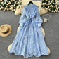 French high-end women's dress for spring 2025 with waist cinching, heavy embroidery, V-neck lantern sleeves, single breasted long skirt