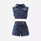 European and American thin style girls square collar lantern sleeve top floral pattern pleated skirt multi-button denim girls suit