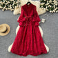 French high-end women's dress for spring 2025 with waist cinching, heavy embroidery, V-neck lantern sleeves, single breasted long skirt
