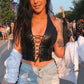 Sisterlinda Sexy Punk Y2K Black PU Leather Crop Top Womens Sleeveless Deep V Neck Backless Camisole Fashion Party Club Vests2021