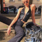 Sisterlinda Sexy Punk Y2K Black PU Leather Crop Top Womens Sleeveless Deep V Neck Backless Camisole Fashion Party Club Vests2021