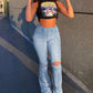 Women Vintage Ripped Flare Bell Bottom Jeans High Waisted Wide Leg Raw Hem Denim Pants Casual Slim Fitting Trousers with Pocket