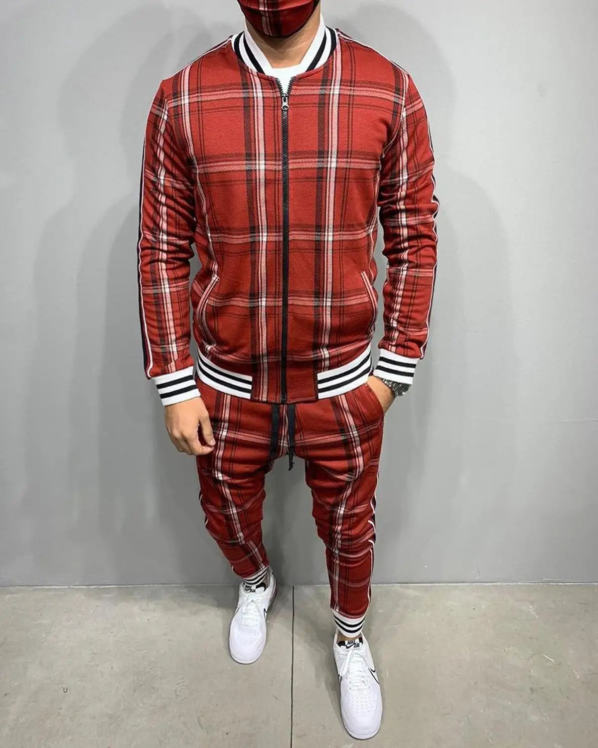 Men' 3D Plaid Sports Gentlemen Sets  Jacket Men Set Tracksuit Street Fashi Trend Fashion Stand-up Collar Zipper Sportswear Suit