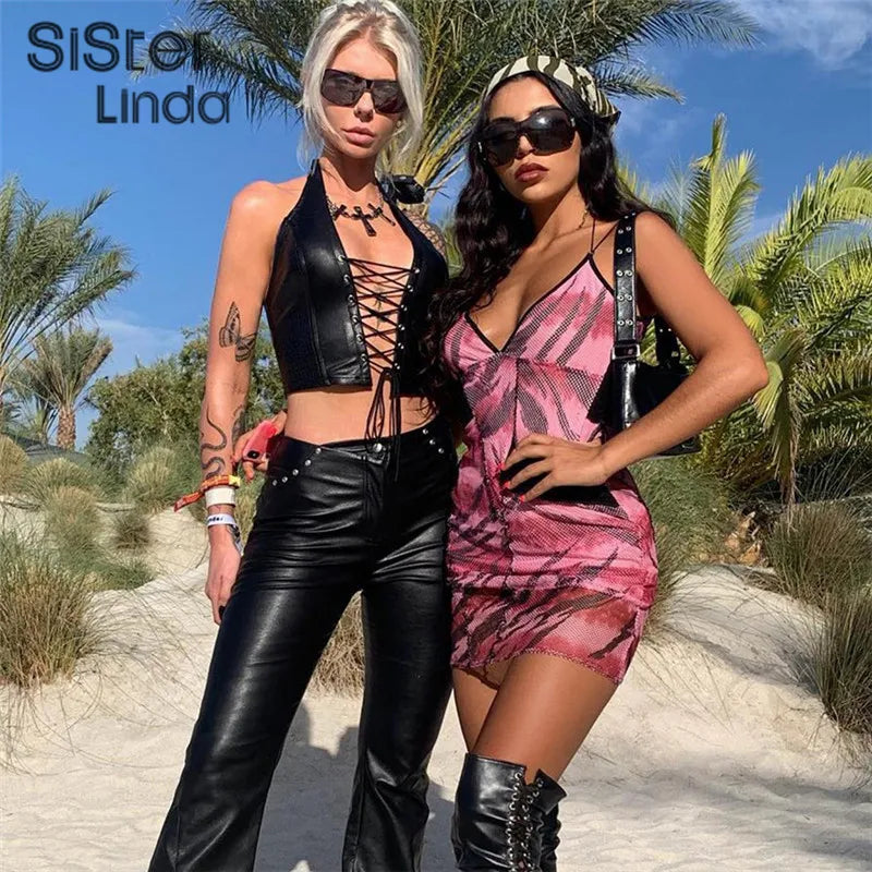 Sisterlinda Sexy Punk Y2K Black PU Leather Crop Top Womens Sleeveless Deep V Neck Backless Camisole Fashion Party Club Vests2021