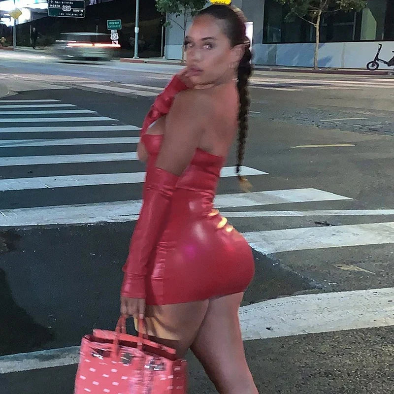 Faux PU Leather With Gloves Party Dress Women Backless Sexy Hot Clubwear Skinny Slim Solid Fashion Bodycon Mini Dresses