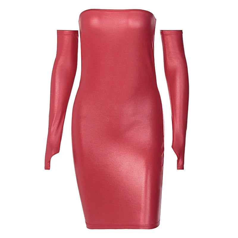Faux PU Leather With Gloves Party Dress Women Backless Sexy Hot Clubwear Skinny Slim Solid Fashion Bodycon Mini Dresses