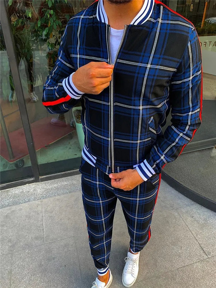 Men' 3D Plaid Sports Gentlemen Sets  Jacket Men Set Tracksuit Street Fashi Trend Fashion Stand-up Collar Zipper Sportswear Suit