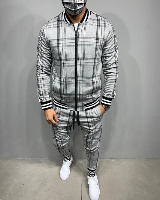 Men' 3D Plaid Sports Gentlemen Sets  Jacket Men Set Tracksuit Street Fashi Trend Fashion Stand-up Collar Zipper Sportswear Suit