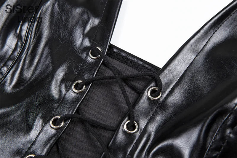 Sisterlinda Sexy Punk Y2K Black PU Leather Crop Top Womens Sleeveless Deep V Neck Backless Camisole Fashion Party Club Vests2021