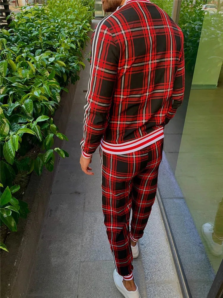 Men' 3D Plaid Sports Gentlemen Sets  Jacket Men Set Tracksuit Street Fashi Trend Fashion Stand-up Collar Zipper Sportswear Suit