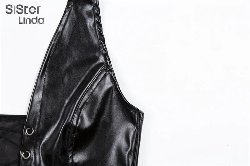 Sisterlinda Sexy Punk Y2K Black PU Leather Crop Top Womens Sleeveless Deep V Neck Backless Camisole Fashion Party Club Vests2021