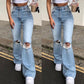 Women Vintage Ripped Flare Bell Bottom Jeans High Waisted Wide Leg Raw Hem Denim Pants Casual Slim Fitting Trousers with Pocket