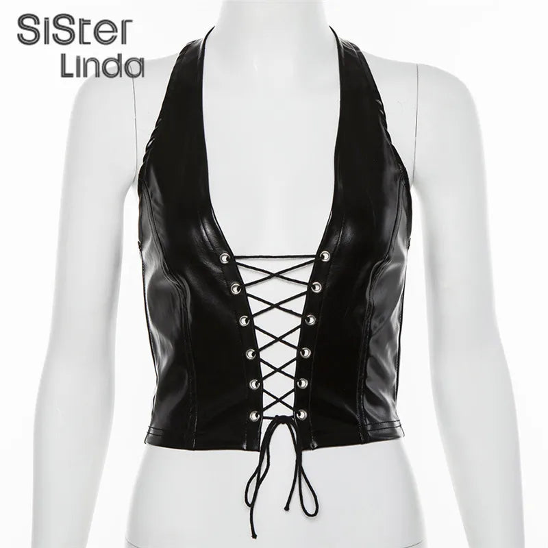 Sisterlinda Sexy Punk Y2K Black PU Leather Crop Top Womens Sleeveless Deep V Neck Backless Camisole Fashion Party Club Vests2021