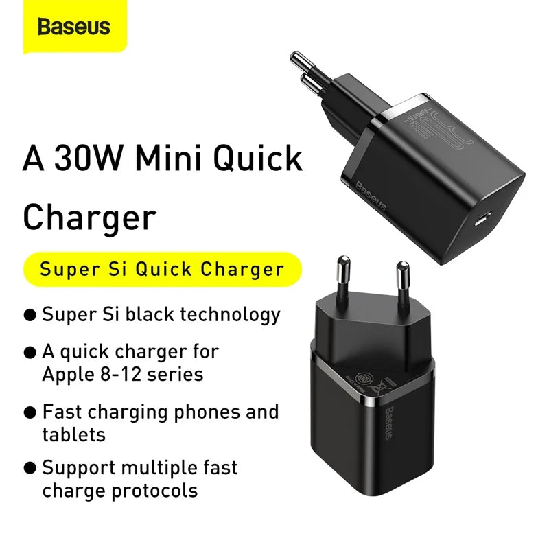 Адаптер зарядного пристрою Baseus Super Si 30W USB C для iPhone 14 13 12 Pro Max iPad Type C QC 3.0 PD швидка зарядка для Xiaomi Quick Charger