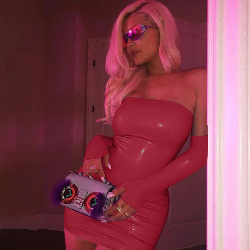 Faux PU Leather With Gloves Party Dress Women Backless Sexy Hot Clubwear Skinny Slim Solid Fashion Bodycon Mini Dresses