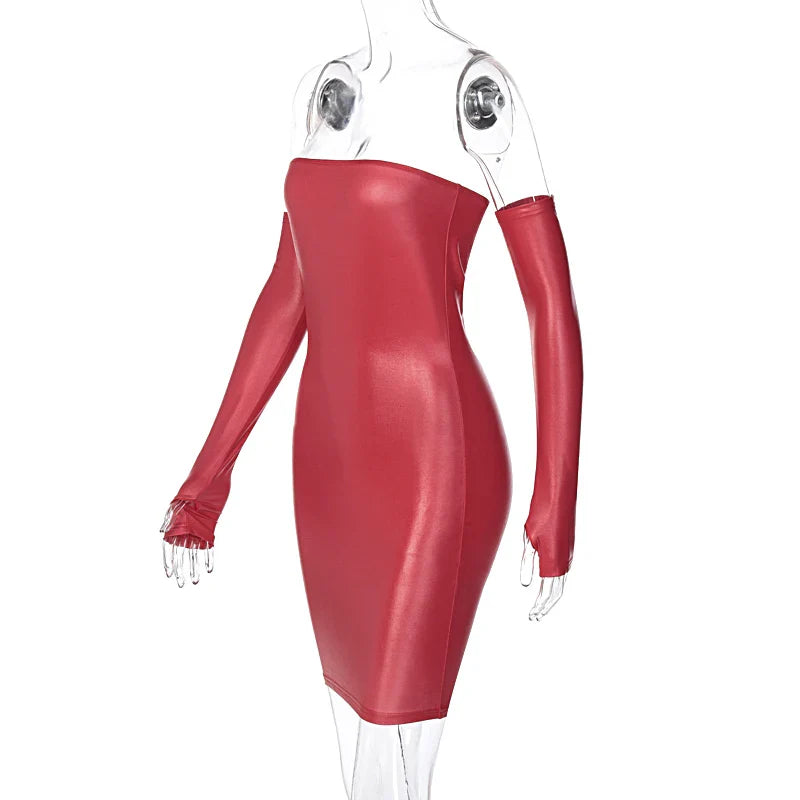 Faux PU Leather With Gloves Party Dress Women Backless Sexy Hot Clubwear Skinny Slim Solid Fashion Bodycon Mini Dresses