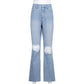 Women Vintage Ripped Flare Bell Bottom Jeans High Waisted Wide Leg Raw Hem Denim Pants Casual Slim Fitting Trousers with Pocket