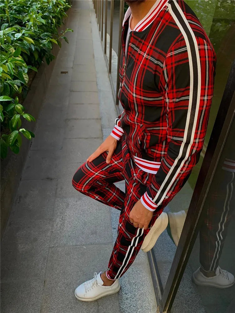 Men' 3D Plaid Sports Gentlemen Sets  Jacket Men Set Tracksuit Street Fashi Trend Fashion Stand-up Collar Zipper Sportswear Suit