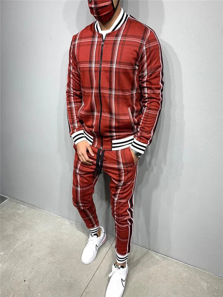 Men' 3D Plaid Sports Gentlemen Sets  Jacket Men Set Tracksuit Street Fashi Trend Fashion Stand-up Collar Zipper Sportswear Suit