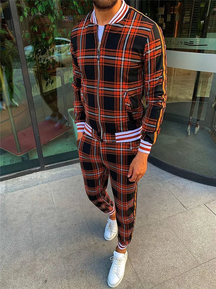 Men' 3D Plaid Sports Gentlemen Sets  Jacket Men Set Tracksuit Street Fashi Trend Fashion Stand-up Collar Zipper Sportswear Suit