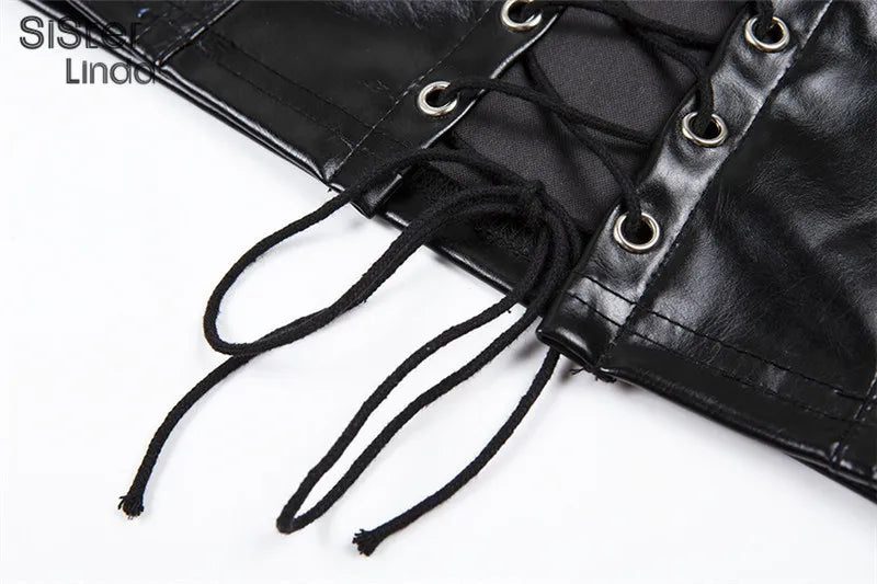 Sisterlinda Sexy Punk Y2K Black PU Leather Crop Top Womens Sleeveless Deep V Neck Backless Camisole Fashion Party Club Vests2021