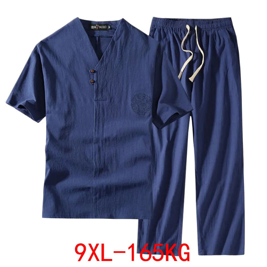 Men's Clothing Large Size Tracksuit Husband  Summer Suit Linen t-shirt Fashion Male Set Chinese Style 8XL 9XL plus Two Piece