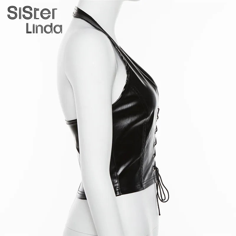 Sisterlinda Sexy Punk Y2K Black PU Leather Crop Top Womens Sleeveless Deep V Neck Backless Camisole Fashion Party Club Vests2021