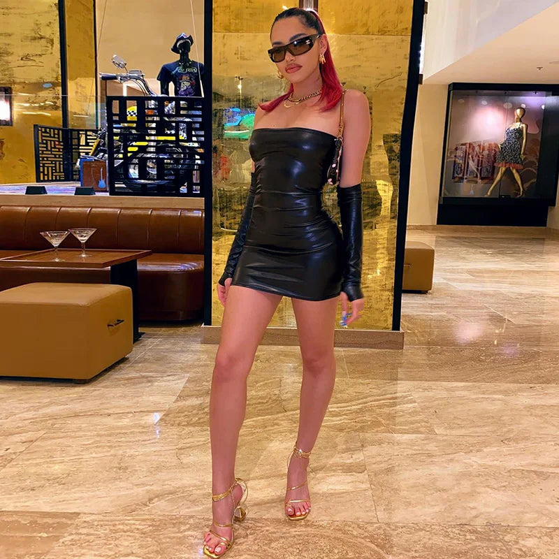 Faux PU Leather With Gloves Party Dress Women Backless Sexy Hot Clubwear Skinny Slim Solid Fashion Bodycon Mini Dresses