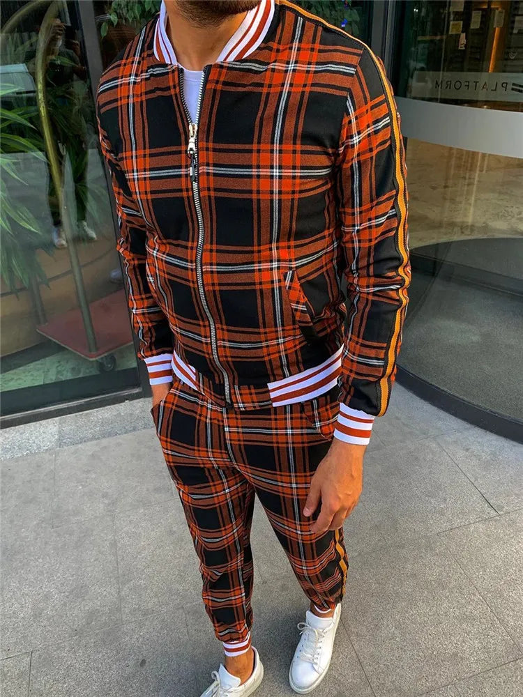 Men' 3D Plaid Sports Gentlemen Sets  Jacket Men Set Tracksuit Street Fashi Trend Fashion Stand-up Collar Zipper Sportswear Suit