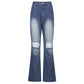 Women Vintage Ripped Flare Bell Bottom Jeans High Waisted Wide Leg Raw Hem Denim Pants Casual Slim Fitting Trousers with Pocket