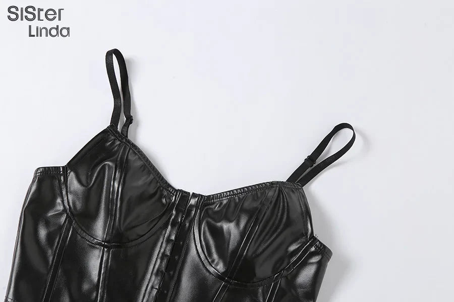 Sisterlinda Sexy Punk Y2K Black PU Leather Crop Top Womens Sleeveless Deep V Neck Backless Camisole Fashion Party Club Vests2021