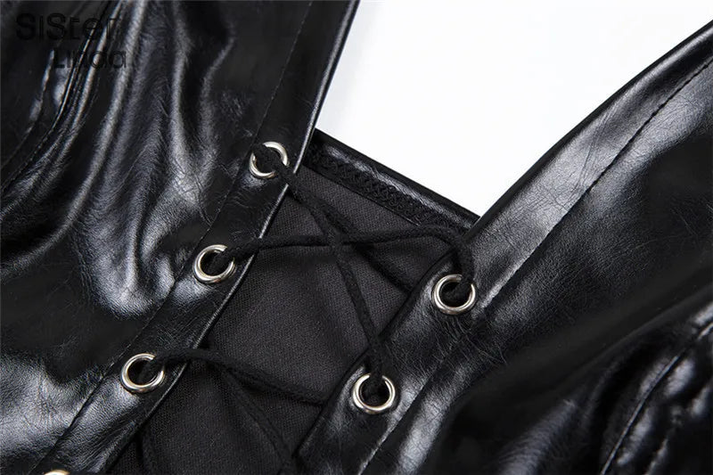 Sisterlinda Sexy Punk Y2K Black PU Leather Crop Top Womens Sleeveless Deep V Neck Backless Camisole Fashion Party Club Vests2021